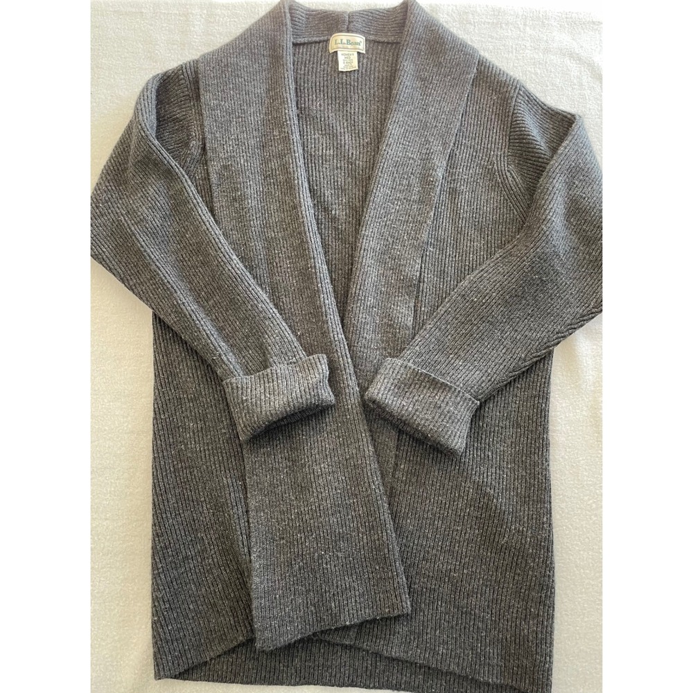 LL Bean Womens Medium Gray 100% Wool Ribbed Shawl Collar Open Front Cardigan